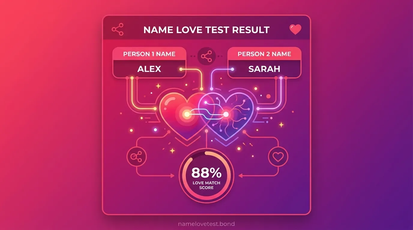 Name Love Test showing overall compatibility score and factors